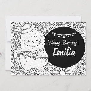 Cute Llama Cartoon Kids Birthday Floral Coloring Holiday Card