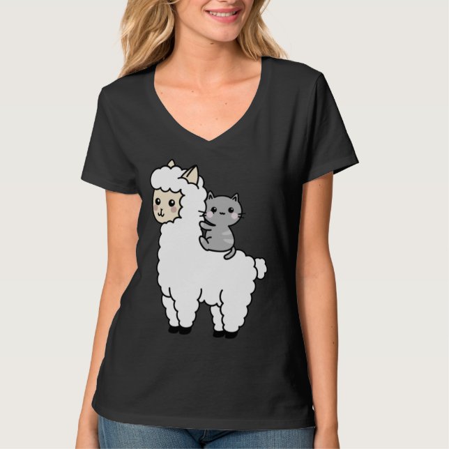 Cute Llama Cat Best Friends T-Shirt (Front)