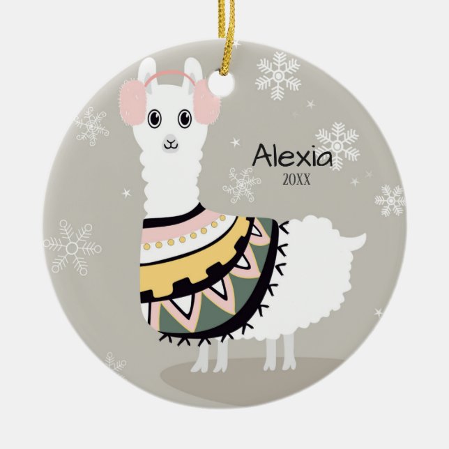 Cute Llama Christmas Ceramic Ornament (Front)