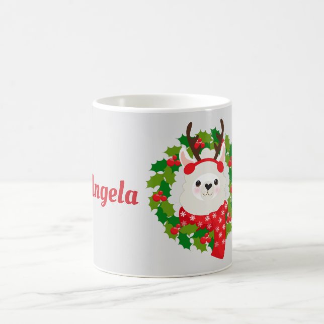 Cute Llama Christmas Wreath Personalized Coffee Mug (Center)