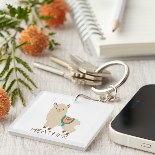 Cute Llama Custom Name Personalized Keychain (Front Right)