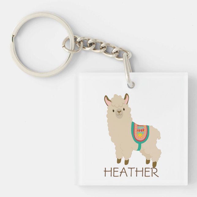 Cute Llama Custom Name Personalized Keychain (Front)