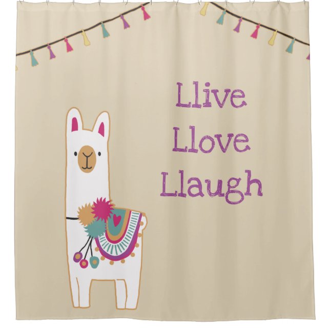 Cute llama design with custom background color shower curtain (Front)