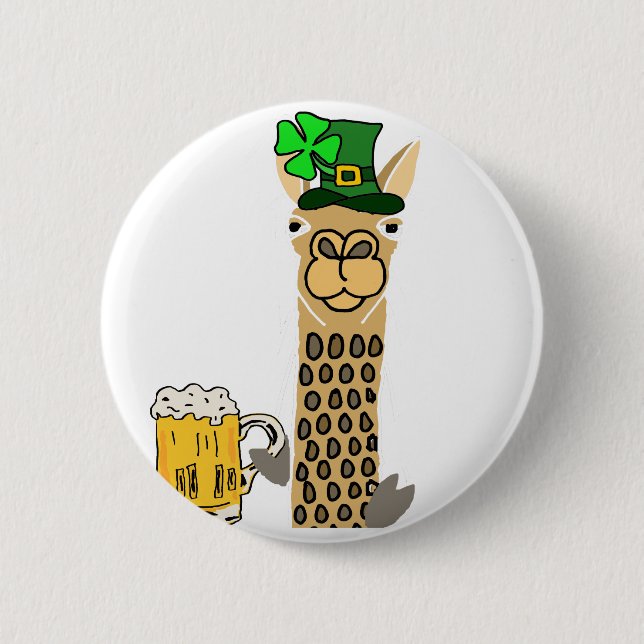 Cute Llama Drinking Beer St. Patrick's Day Cartoon Button (Front)