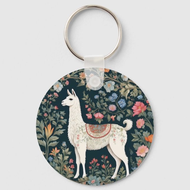 Cute Llama Elegant Floral Keychain (Front)