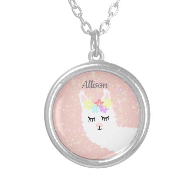 Cute Llama Face Blush Pink Floral Personalized Silver Plated Necklace (Front)