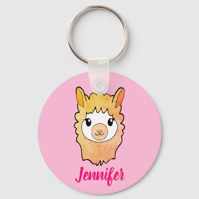 Cute Llama Face Drawing Custom Name Keychain (Front)