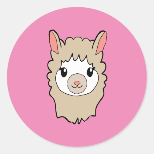 Cute Llama Face Drawing Pink Classic Round Sticker