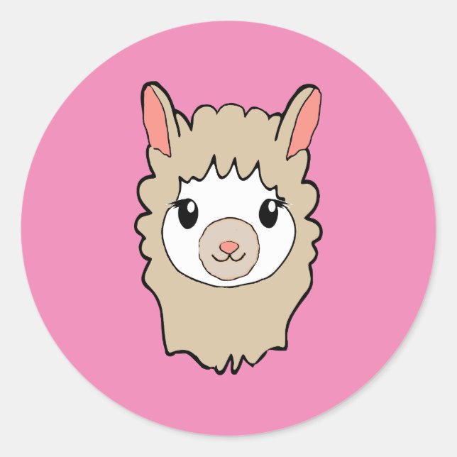 Cute Llama Face Drawing Pink Classic Round Sticker (Front)