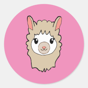 Cute Llama Face Drawing Pink Classic Round Sticker