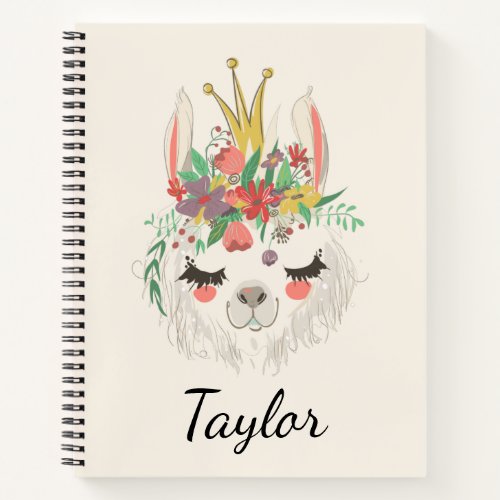 Cute Llama Face Floral Personalized Name Notebook