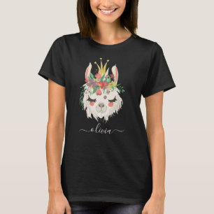 Cute Llama Face Floral Personalized Name  T-Shirt