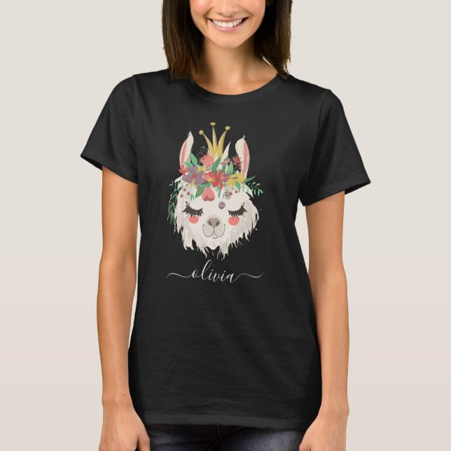 Cute Llama Face Floral Personalized Name  T-Shirt (Front)