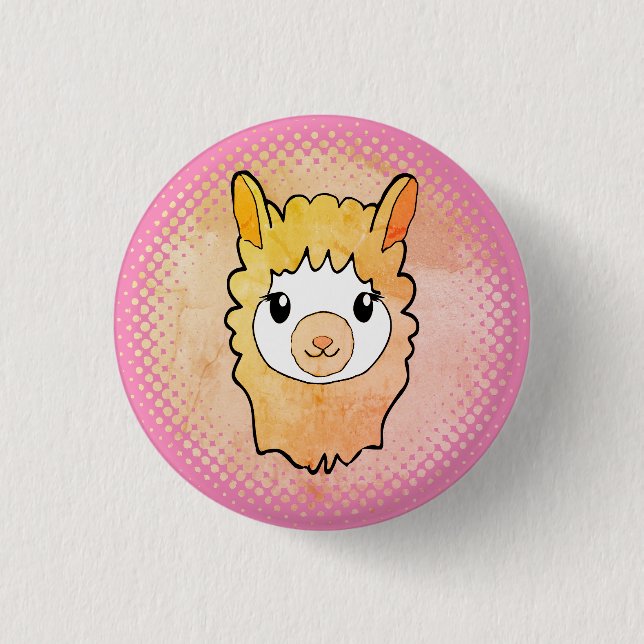 Cute Llama Face Vintage Style Drawing Pink Button (Front)