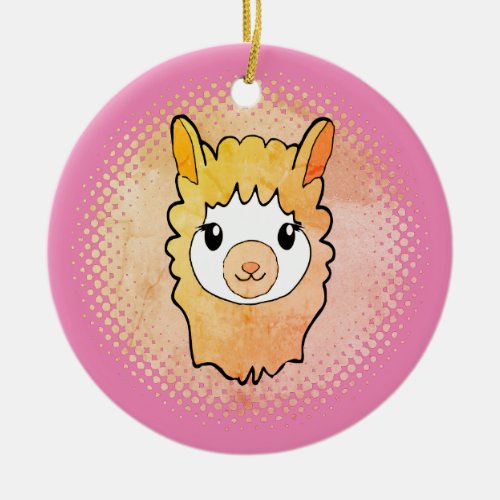 Cute Llama Face Vintage Style Drawing Pink Ceramic Ornament
