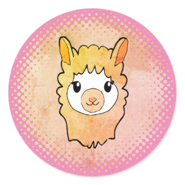 Cute Llama Face Vintage Style Drawing Pink Classic Round Sticker