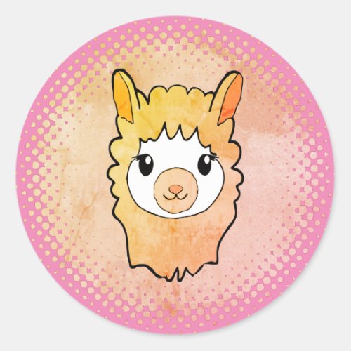 Cute Llama Face Vintage Style Drawing Pink Classic Round Sticker
