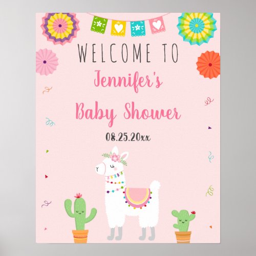 Cute Llama Fiesta Cactus Baby Shower Welcome Poster