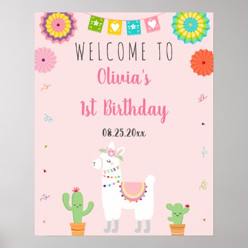 Cute Llama Fiesta Cactus Birthday Welcome Poster