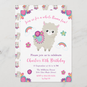 Cute Llama Floral Birthday Invitation