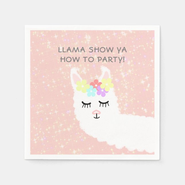 Cute Llama Floral Blush Pink Birthday Party Napkins (Front)