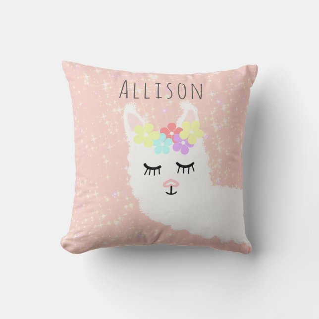 Cute Llama Floral Blush Pink Stars Personalized Throw Pillow (Front)