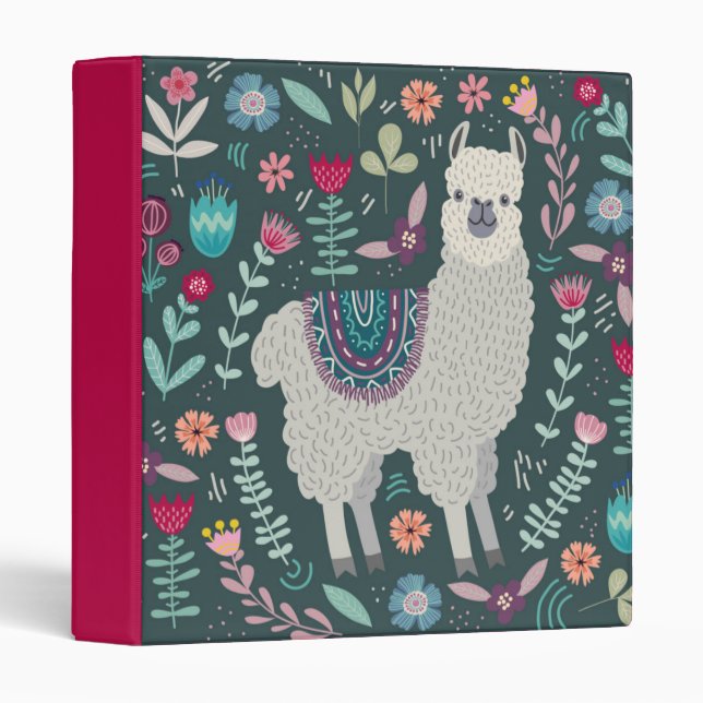 Cute Llama Floral Design 3 Ring Binder (Front/Spine)