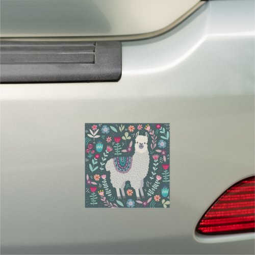 Cute Llama Floral Design Car Magnet