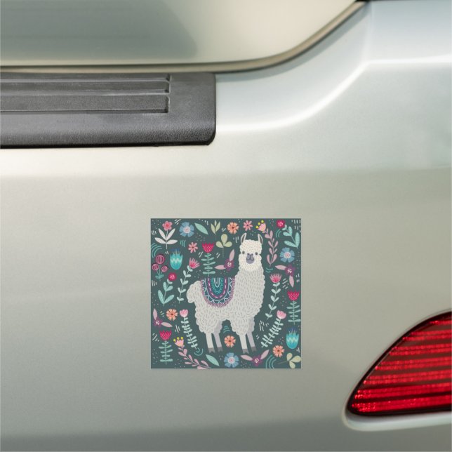 Cute Llama Floral Design Car Magnet (In Situ)