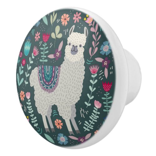 Cute Llama Floral Design Ceramic Knob