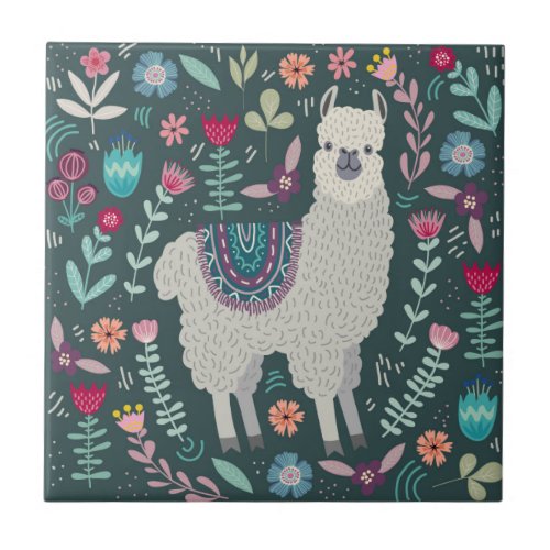 Cute Llama Floral Design Ceramic Tile