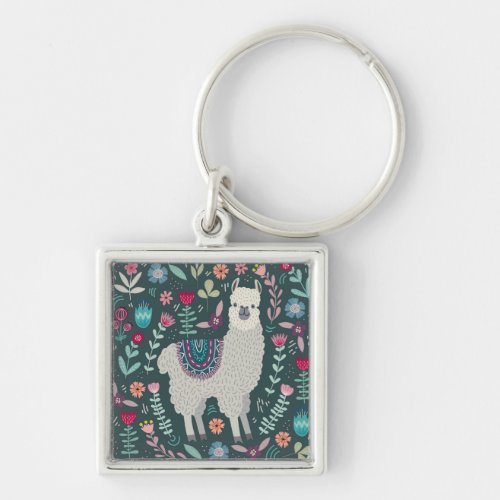Cute Llama Floral Design Keychain