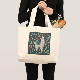 Cute Llama Floral Design Large Tote Bag
