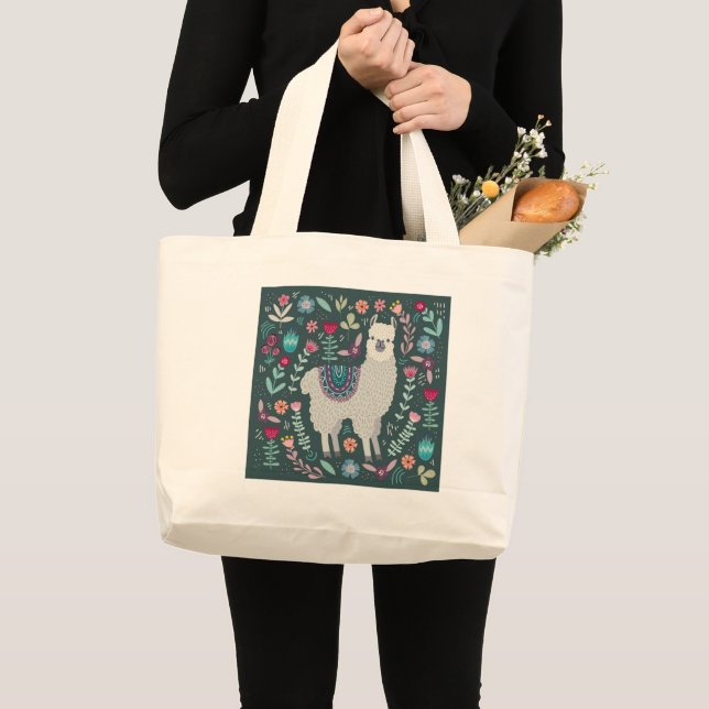 Cute Llama Floral Design Large Tote Bag (Front (Product))