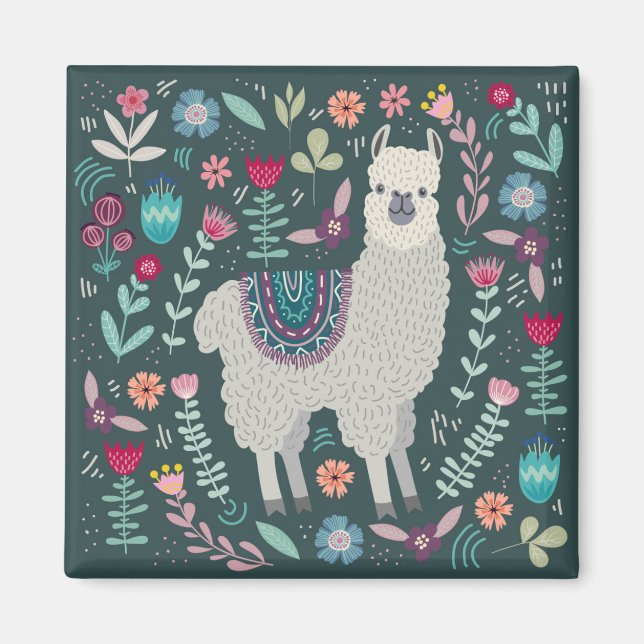 Cute Llama Floral Design Magnet (Front)