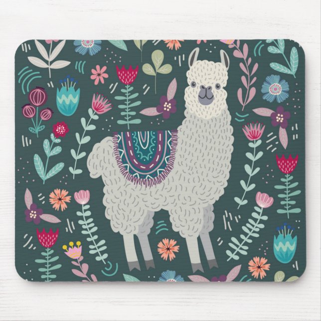 Cute Llama Floral Design Mouse Pad (Front)