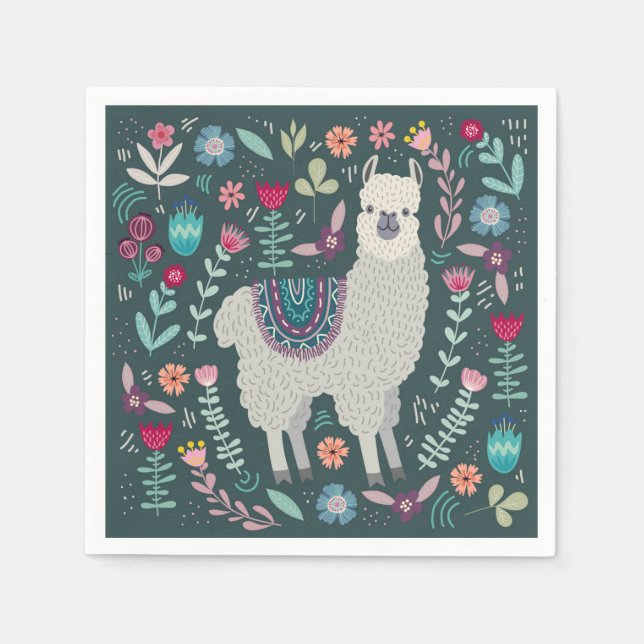 Cute Llama Floral Design Napkins (Front)