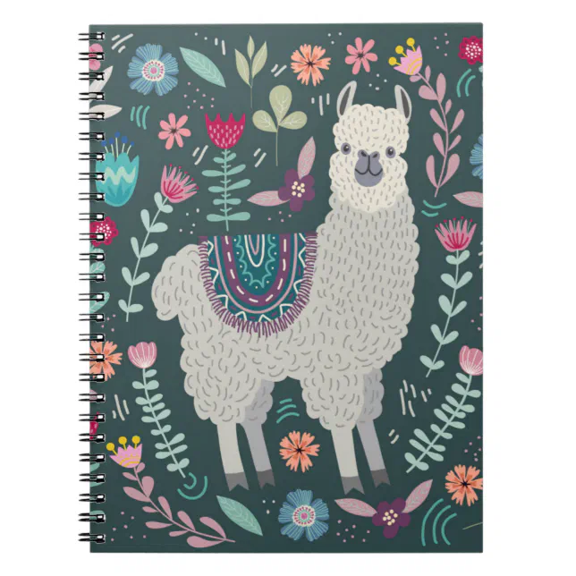 Cute Llama Floral Design Notebook (Front)