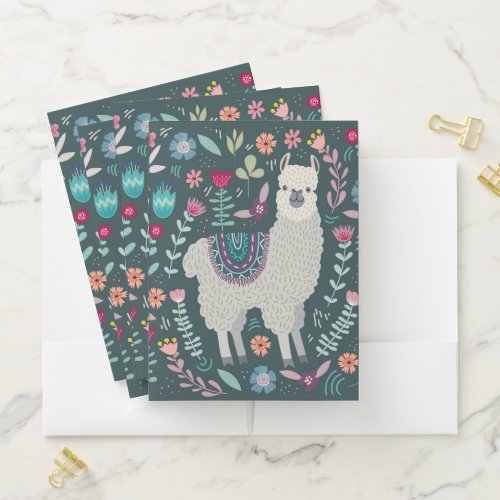 Cute Llama Floral Design Pocket Folder