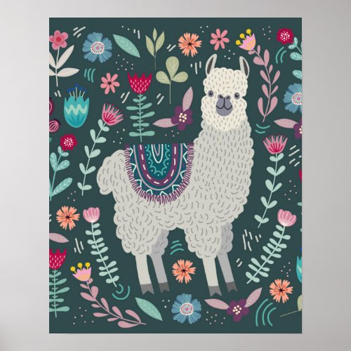 Cute Llama Floral Design Poster