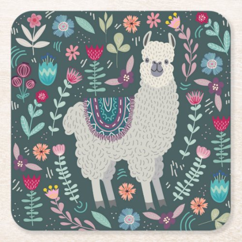 Cute Llama Floral Design Square Paper Coaster