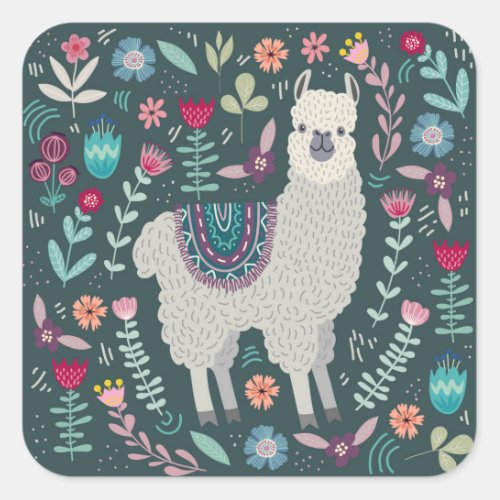 Cute Llama Floral Design Square Sticker