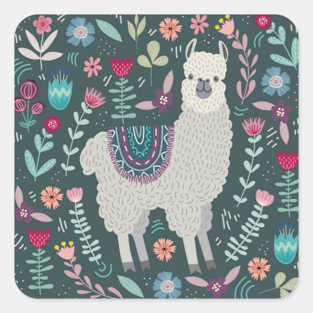Cute Llama Floral Design Square Sticker (Front)