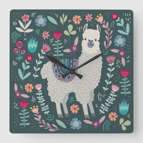 Cute Llama Floral Design Square Wall Clock