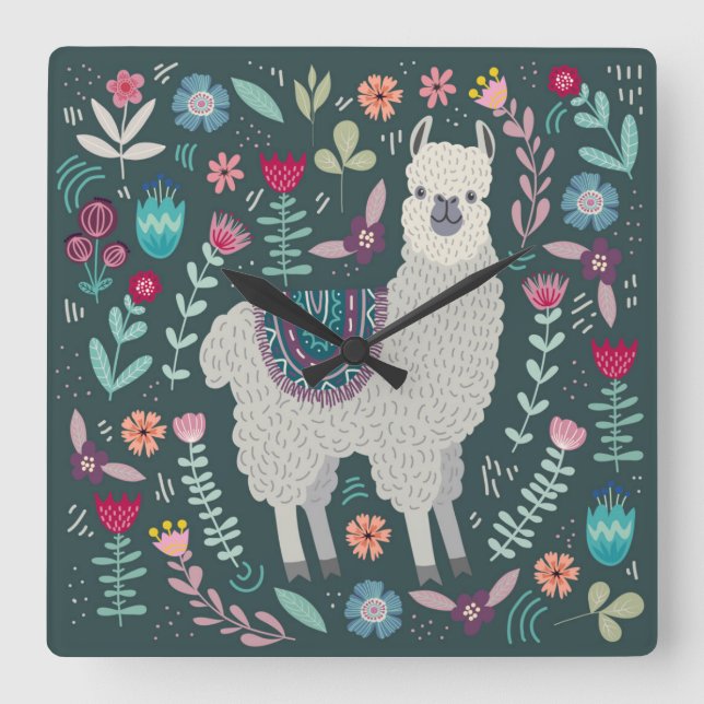 Cute Llama Floral Design Square Wall Clock (Front)