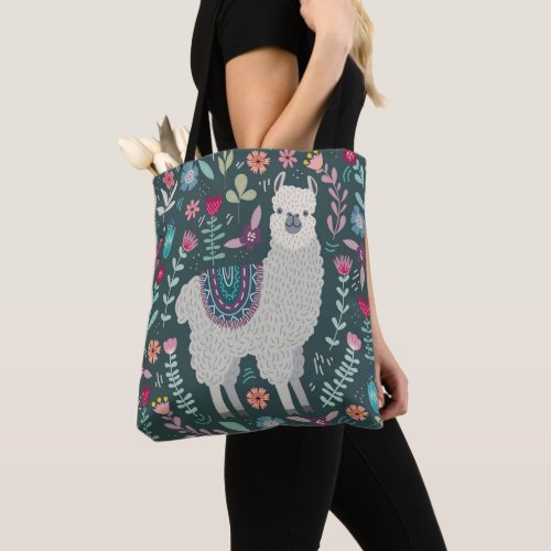 Cute Llama Floral Design Tote Bag