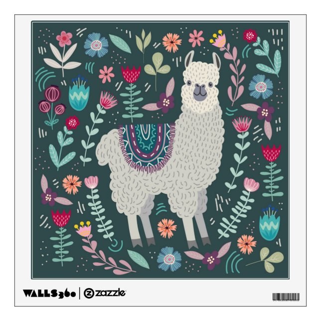 Cute Llama Floral Design Wall Decal (Front)