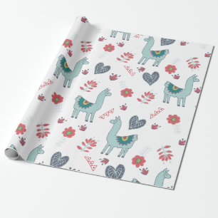 Cute Llama Floral Pattern Print Wrapping Paper