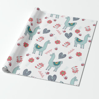 Cute Llama Floral Pattern Print Wrapping Paper