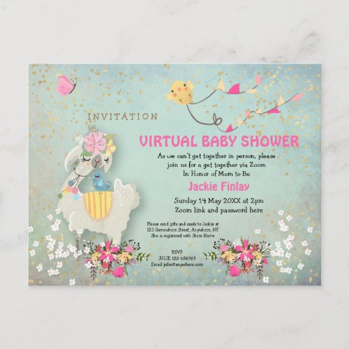 Cute Llama Floral Virtual Baby Shower Pink Sage Postcard